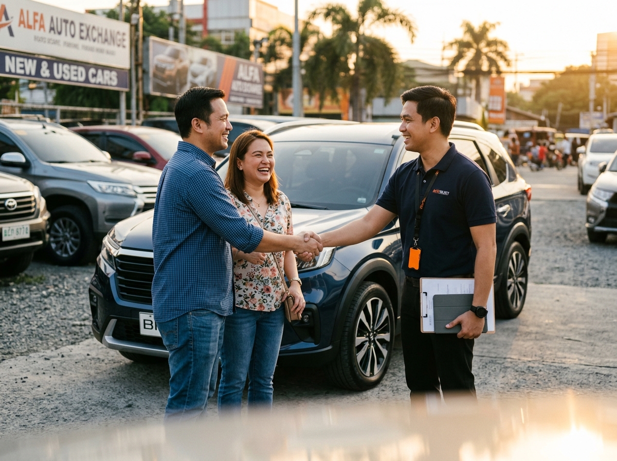 An AcMobility sales consultant shaking hands with a customer couple at the dealership lot