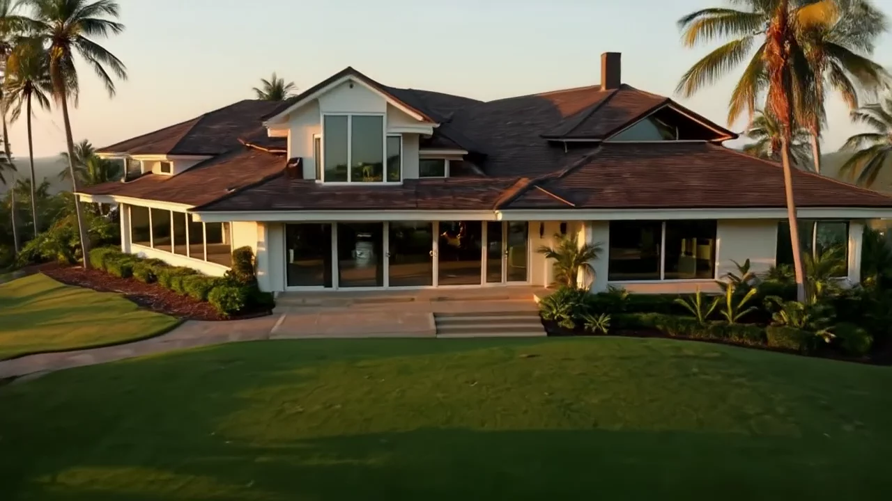 AI-generated drone shot of a white two-storey tropical house among palm trees above a lake at golden hour. Not a real property.