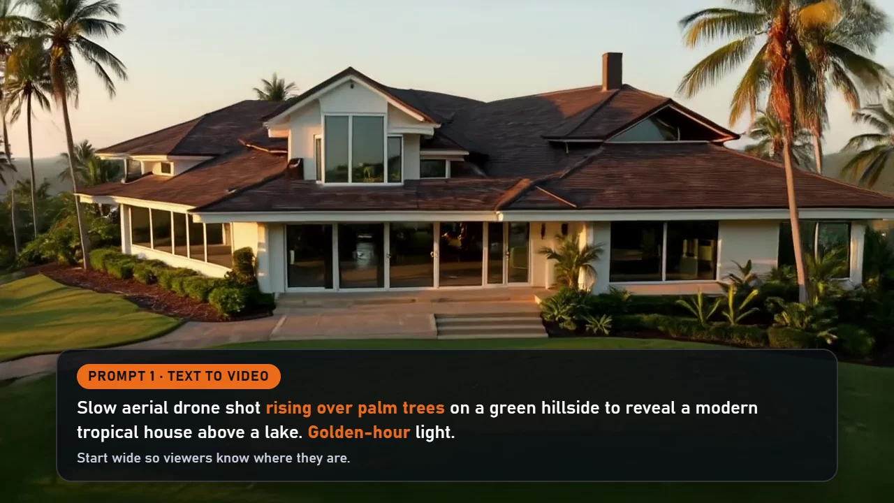 Prompt 1 card over an AI-generated drone shot: a white two-storey tropical house among palm trees above a lake at golden hour. AI-generated, not a real property.