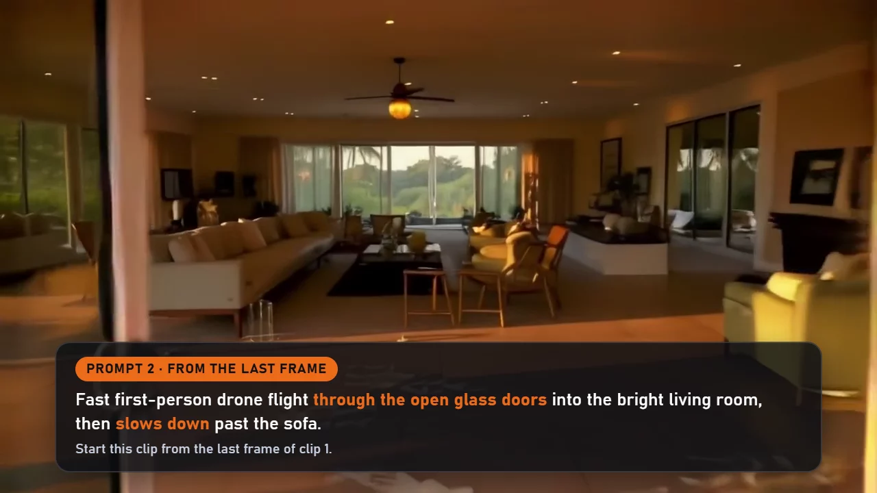 Prompt 2 card over an AI-generated frame flying through open glass doors into a bright living room. AI-generated, not a real property.