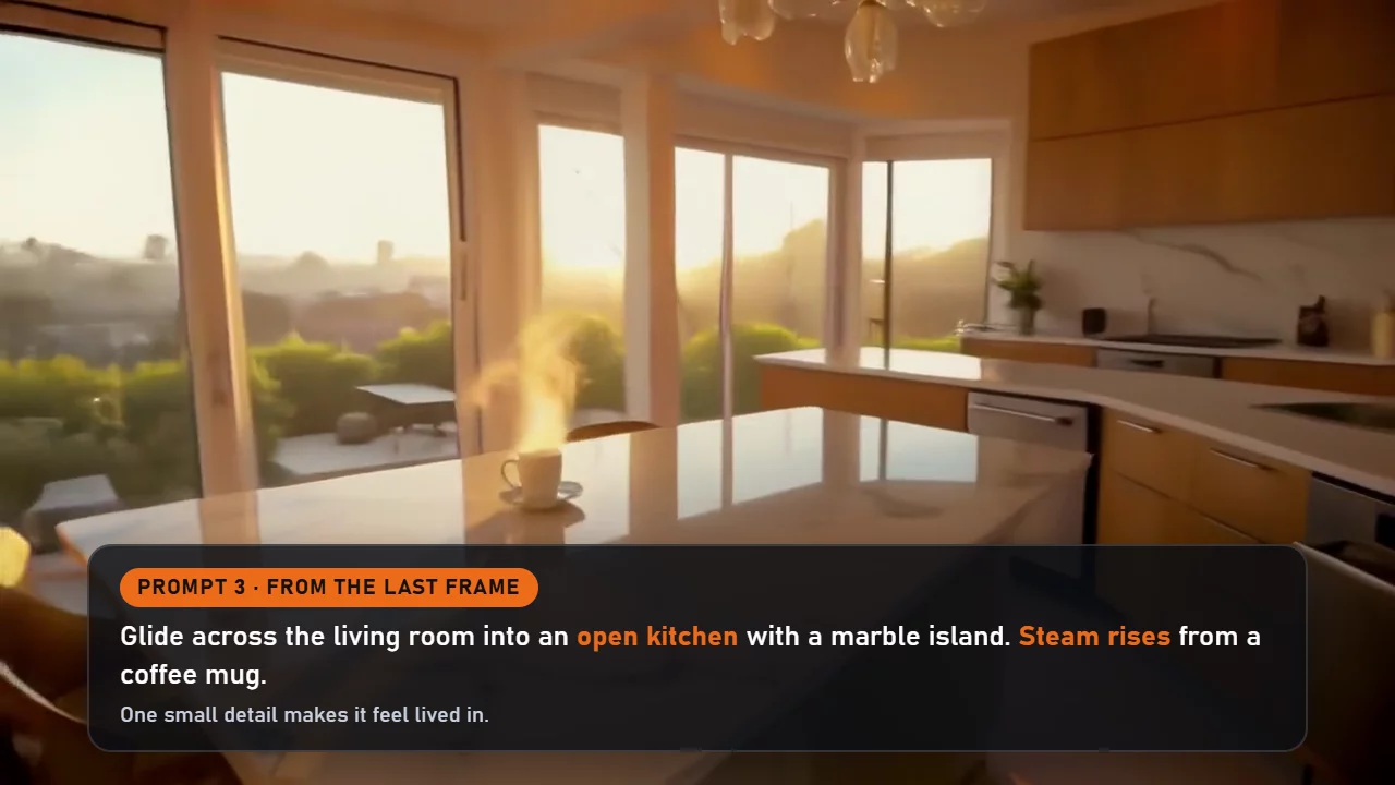 Prompt 3 card over an AI-generated kitchen with a white marble island and a coffee mug in the sun. AI-generated, not a real property.