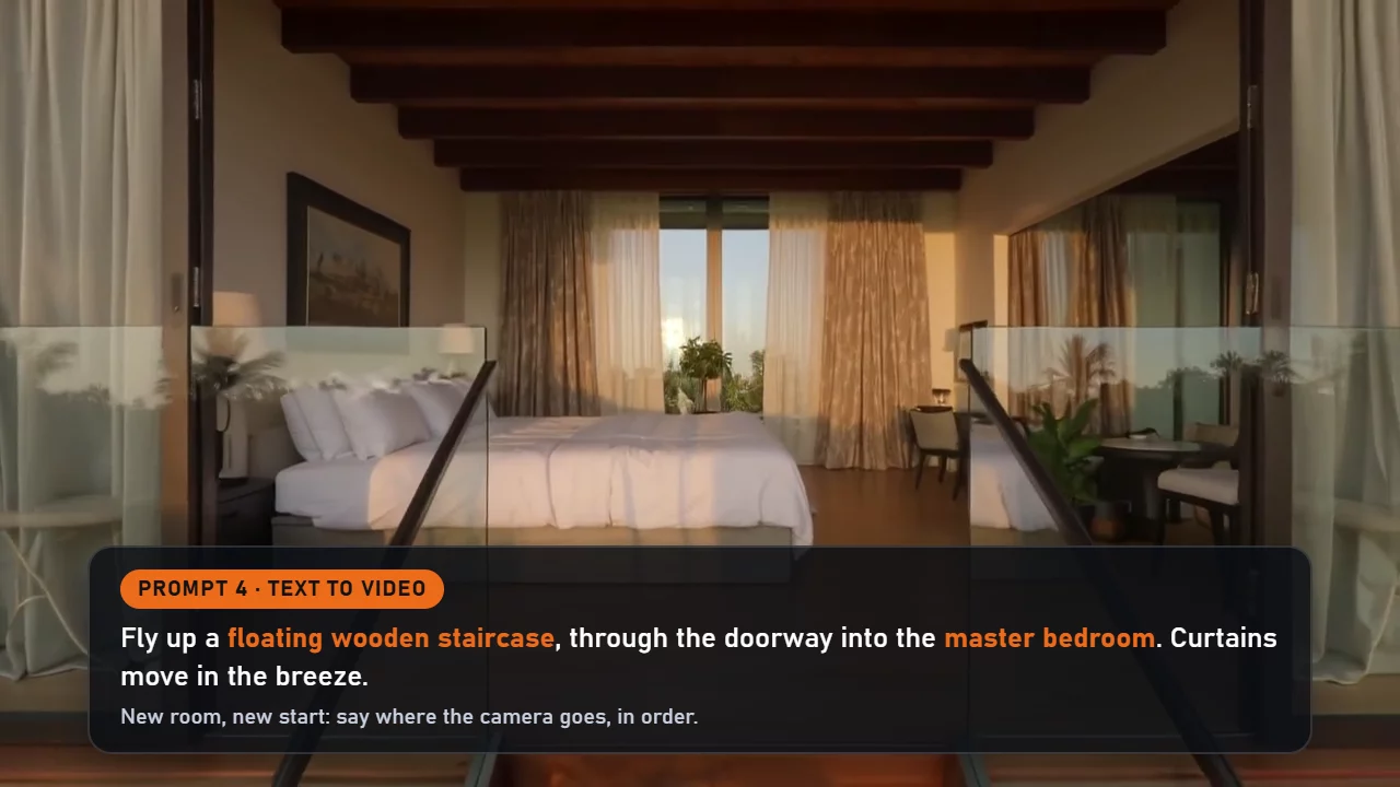 Prompt 4 card over an AI-generated floating wooden staircase leading up into a bedroom with white linen. AI-generated, not a real property.