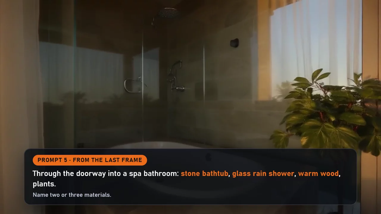 Prompt 5 card over an AI-generated spa bathroom with a glass rain shower, a bathtub and a green plant. AI-generated, not a real property.