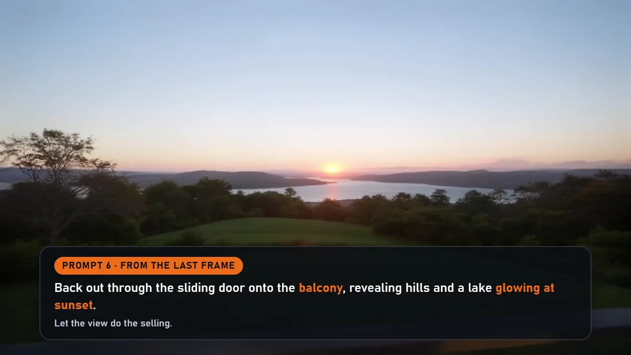 Prompt 6 card over an AI-generated balcony view of green hills and a lake at sunset. AI-generated, not a real property.