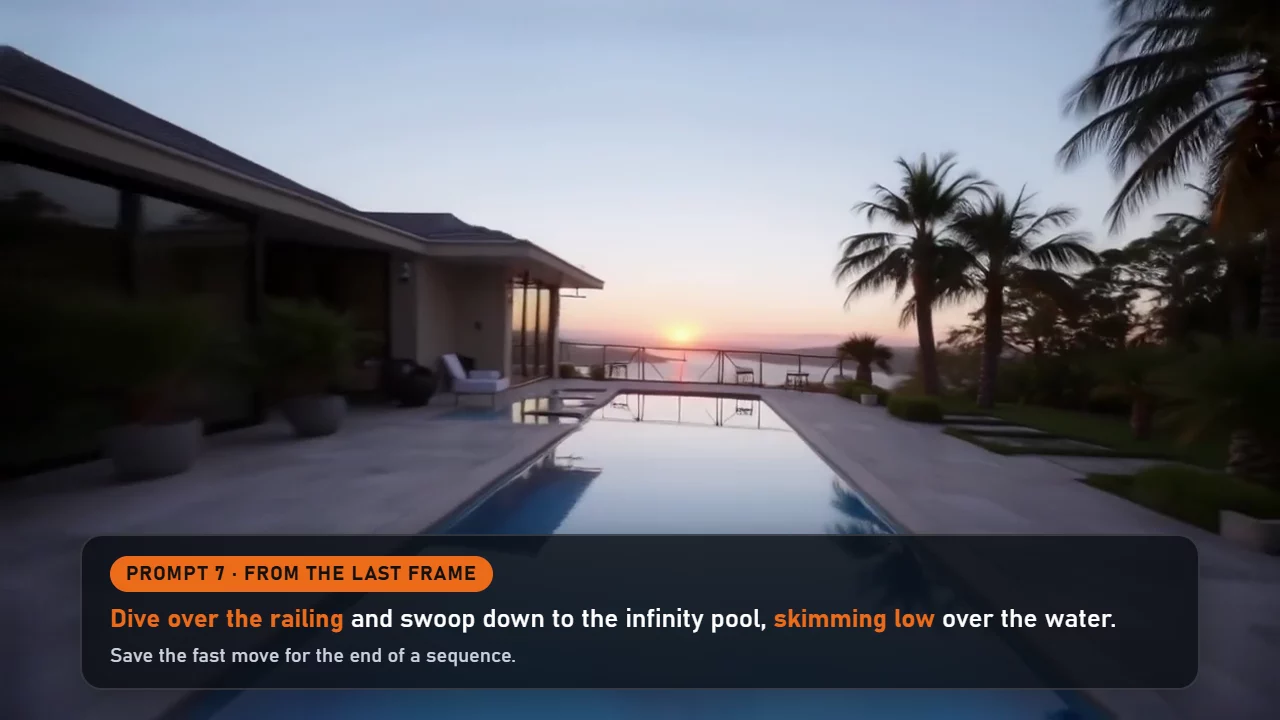 Prompt 7 card over an AI-generated drone view diving down to an infinity pool on a terrace. AI-generated, not a real property.