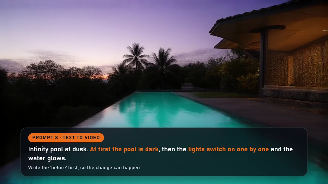 Prompt 8 card over an AI-generated infinity pool glowing turquoise at dusk under a purple sky. AI-generated, not a real property.