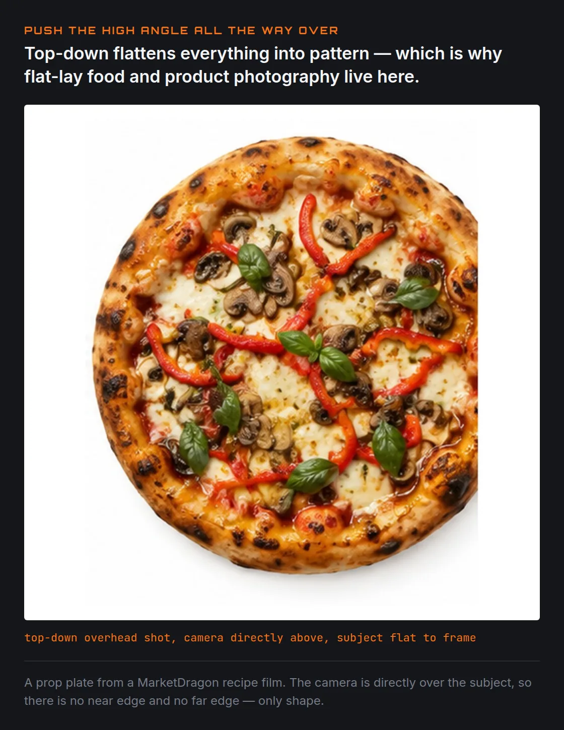 A finished pizza photographed from directly overhead on a white background. With the camera straight above there is no near edge and no far edge, so the pizza reads as a flat circular pattern of basil, peppers and mushrooms.