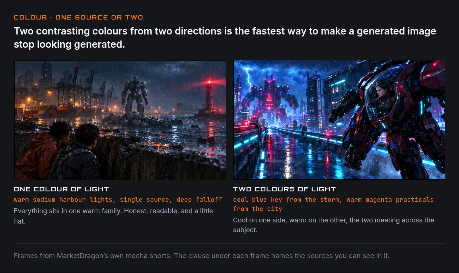 Two night frames side by side. On the left, one colour of light: a harbour lit only by warm sodium lamps, everything in a single amber tone. On the right, two colours of light: a rain-soaked city where cool blue lightning lights one side of a war machine and warm magenta street signs light the other, the two meeting across the subject.