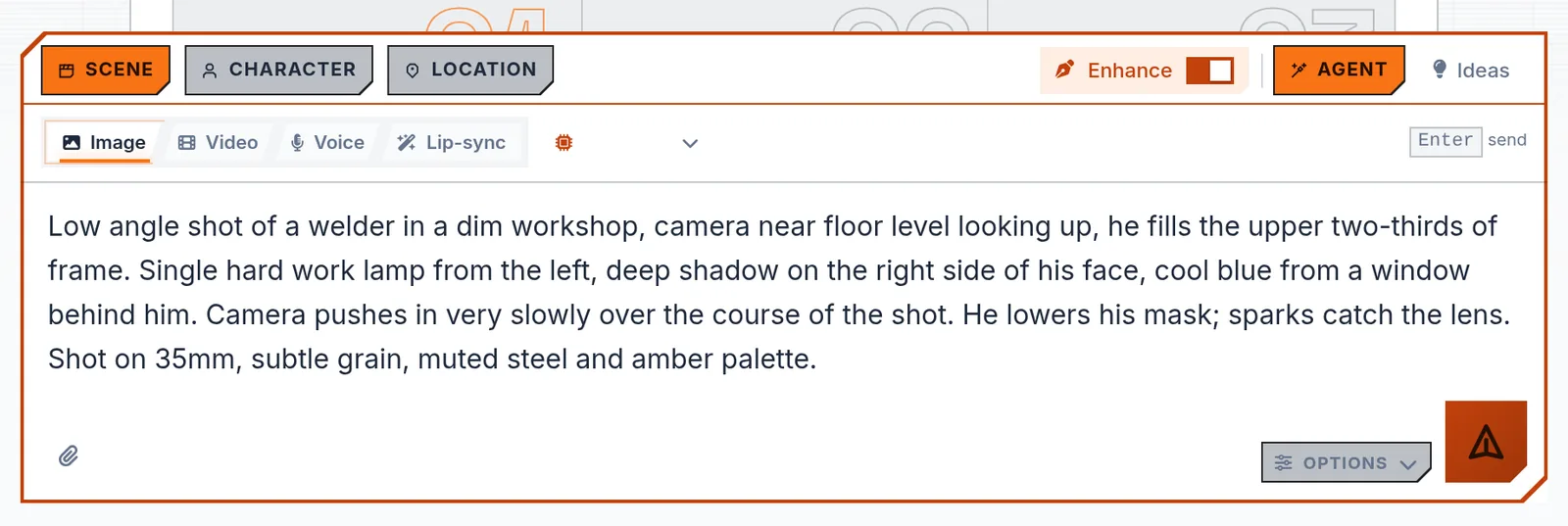 The MarketDragon prompt bar with a full shot description typed into it: a low-angle welder in a dim workshop, with clauses for the lighting, a slow push in, the subject's action and the film stock. The prompt fills four lines of the box.