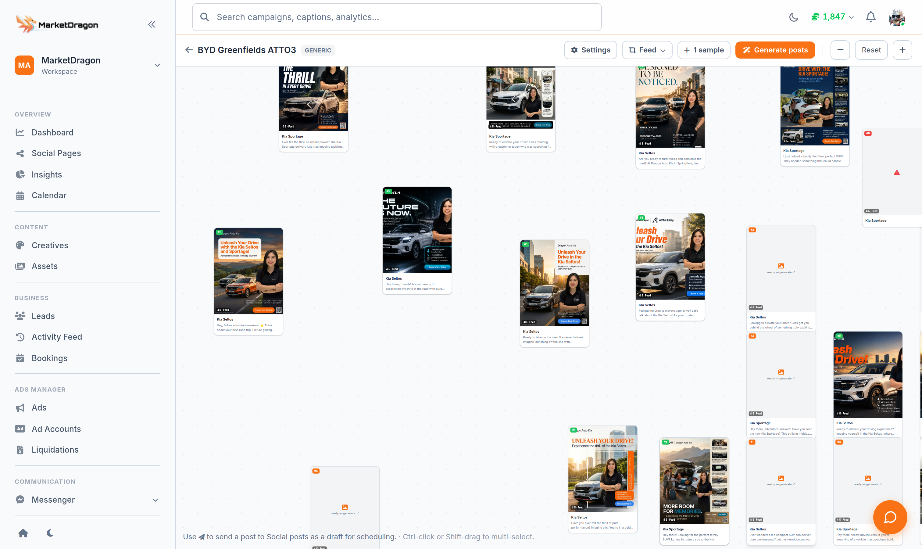 A MarketDragon Ad Engine project canvas filled with finished, on-brand automotive ad creatives