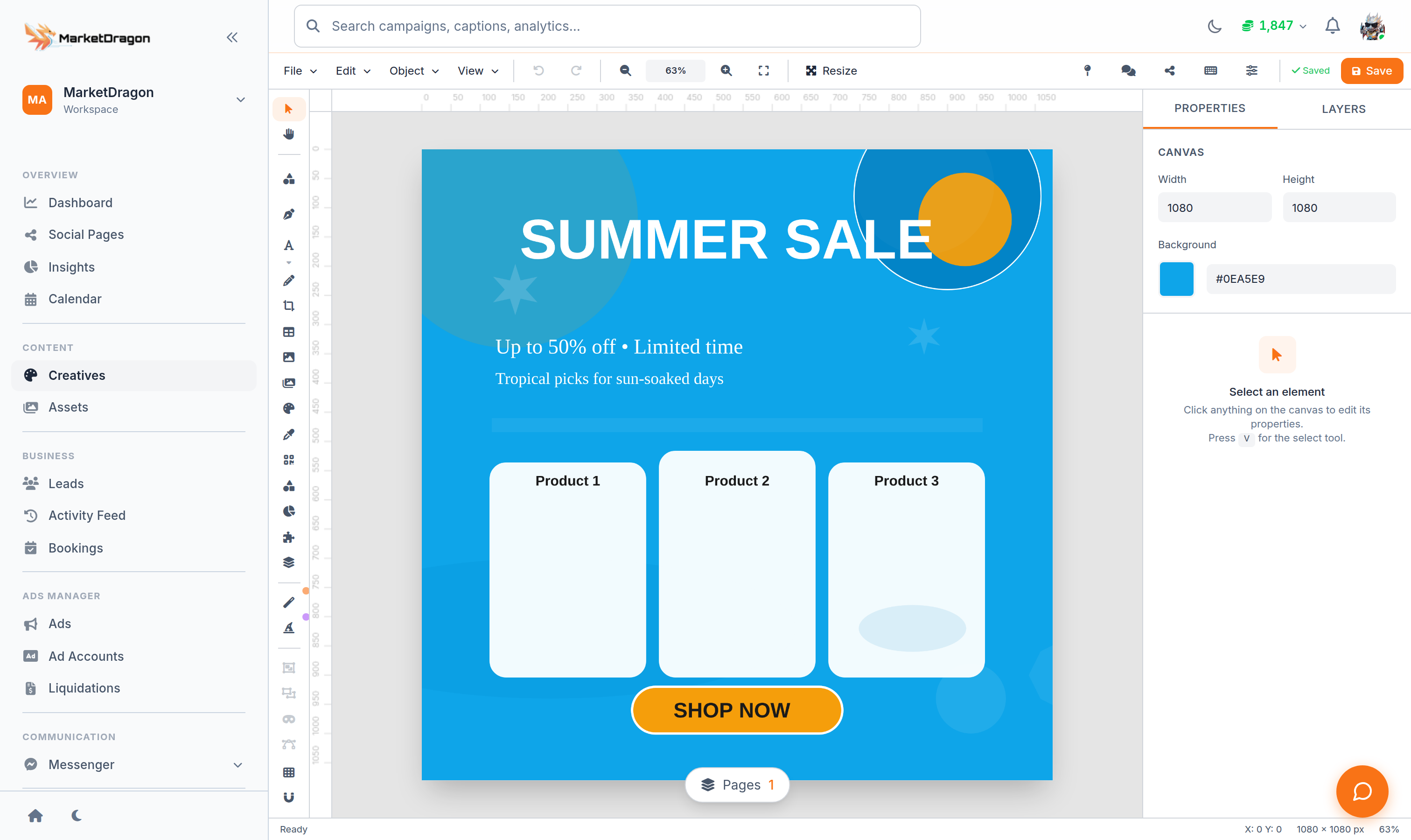 The MarketDragon Canvas Editor with a finished social media sale design on the canvas