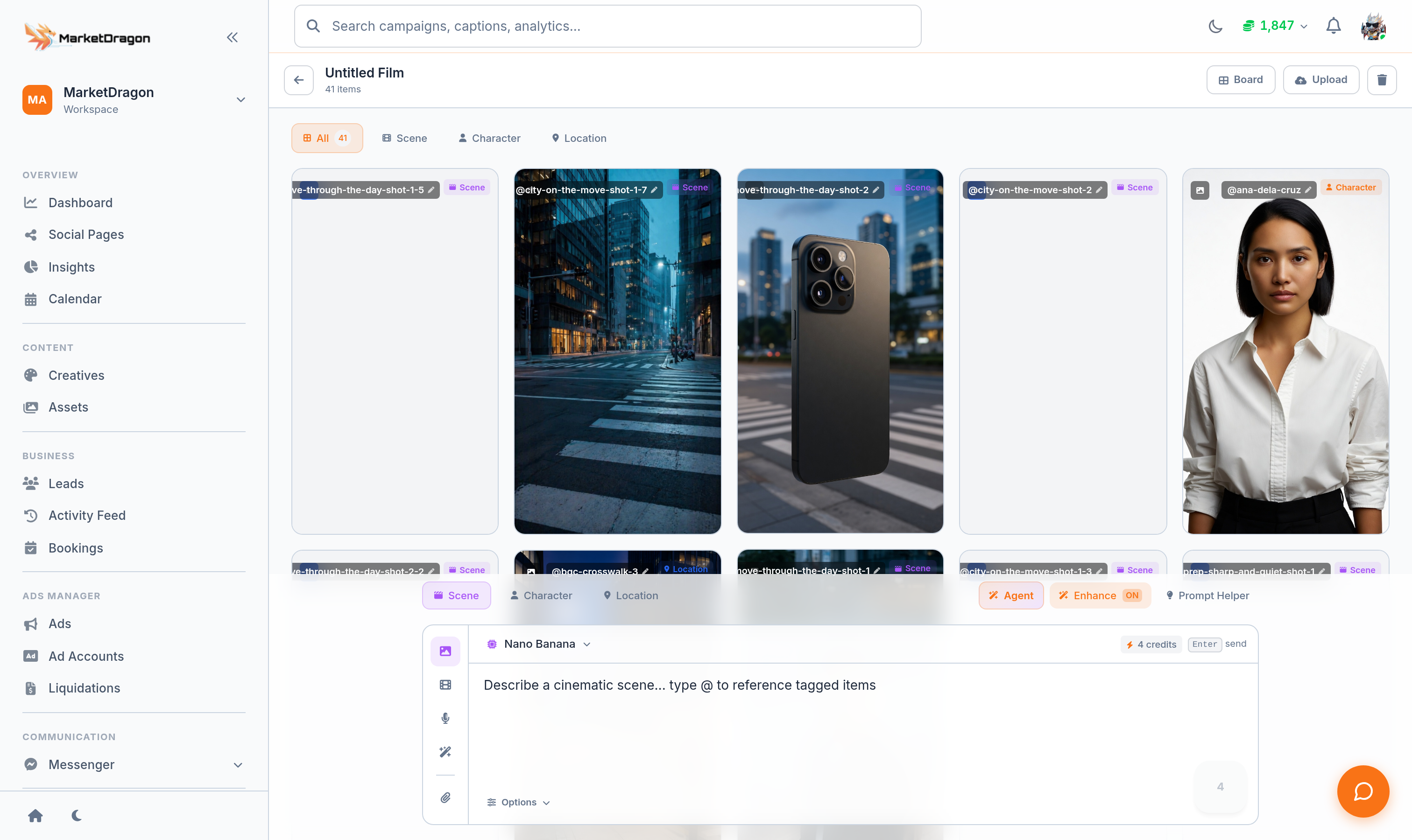 A MarketDragon Director film board showing AI-generated cinematic scenes and an AI prompt bar