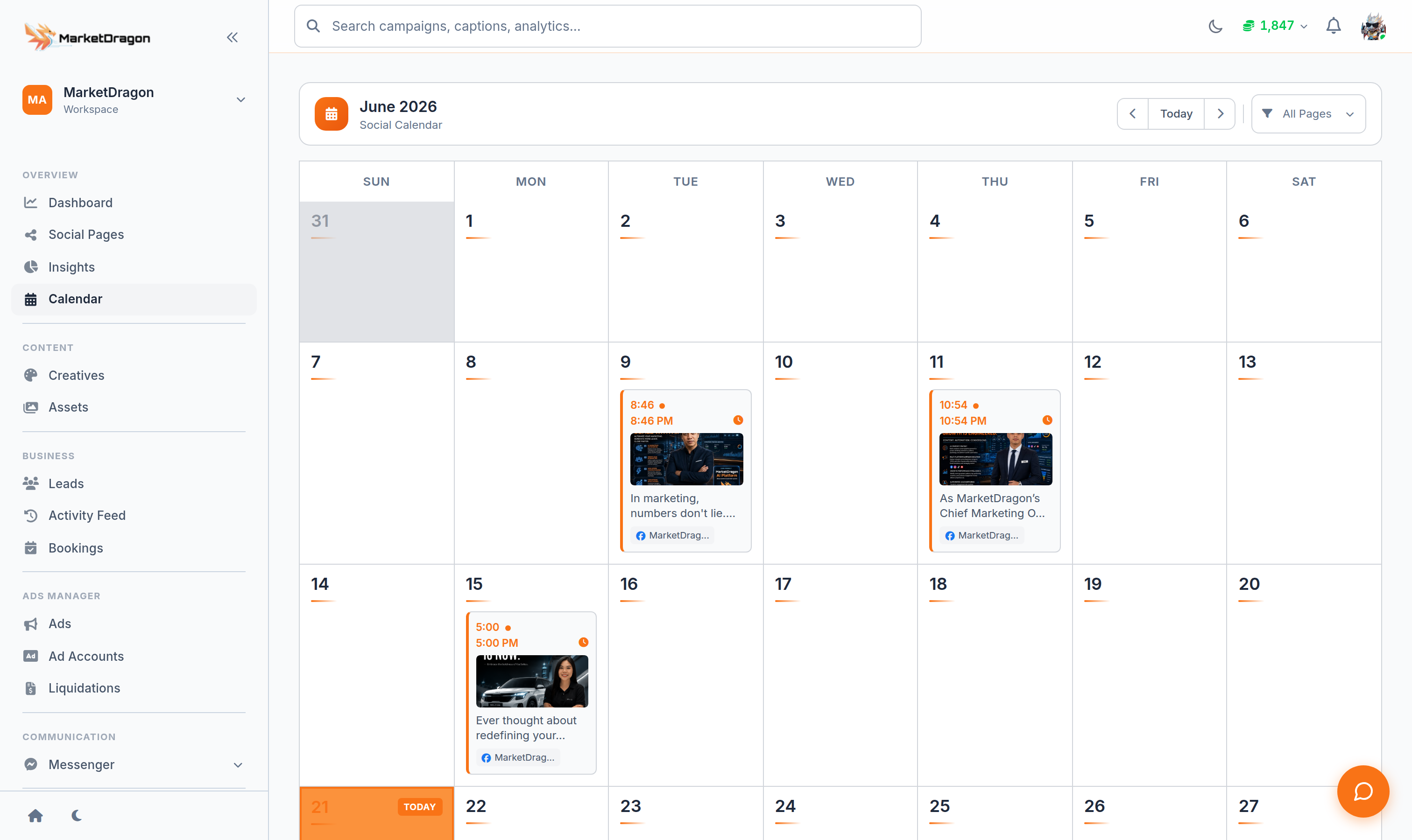 The MarketDragon social calendar with scheduled posts across the month