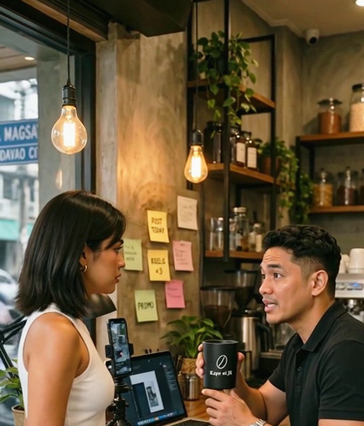 Czarina and JR in the café scene of the short film Busy Daw, made in MarketDragon Spaces