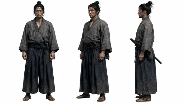 Character sheet: Kazuo, the lone samurai, front, three-quarter and side