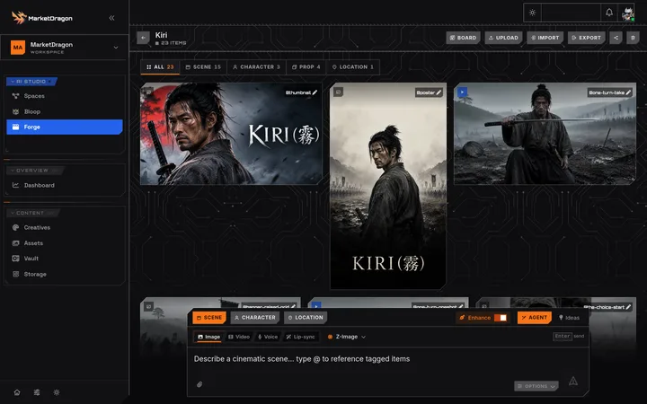 The Forge gallery for Kiri: the poster, the title card and the rendered scenes