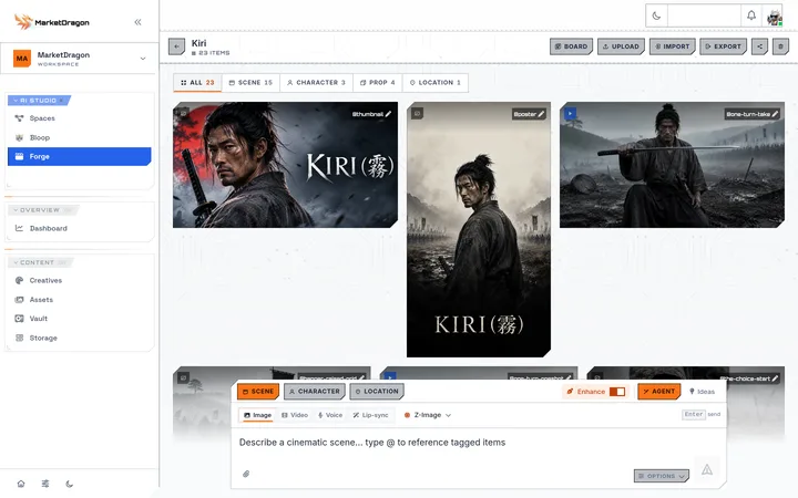 The Forge gallery for Kiri: the poster, the title card and the rendered scenes