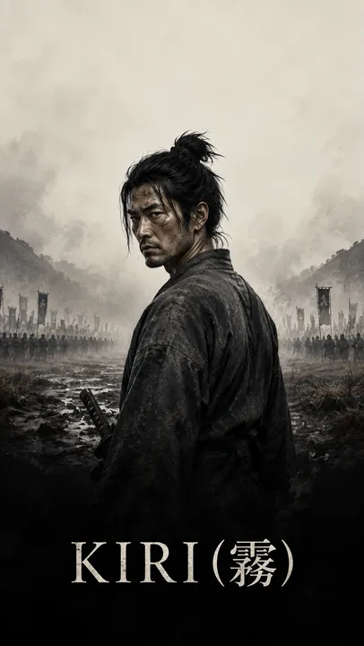 Poster: a lone samurai in the fog above the title KIRI