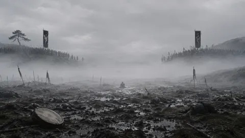 Scene 01, mist at dawn: two banners face each other across the fog