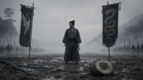Scene 02, between banners: Kazuo stands in the wet grass