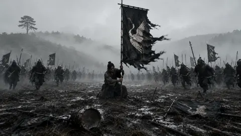 Scene 06, banner raised: the crane banner above the charging army