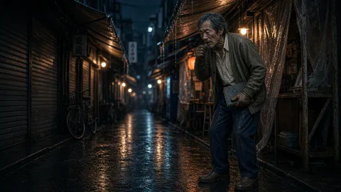 His uncle follows him into the market through the rain