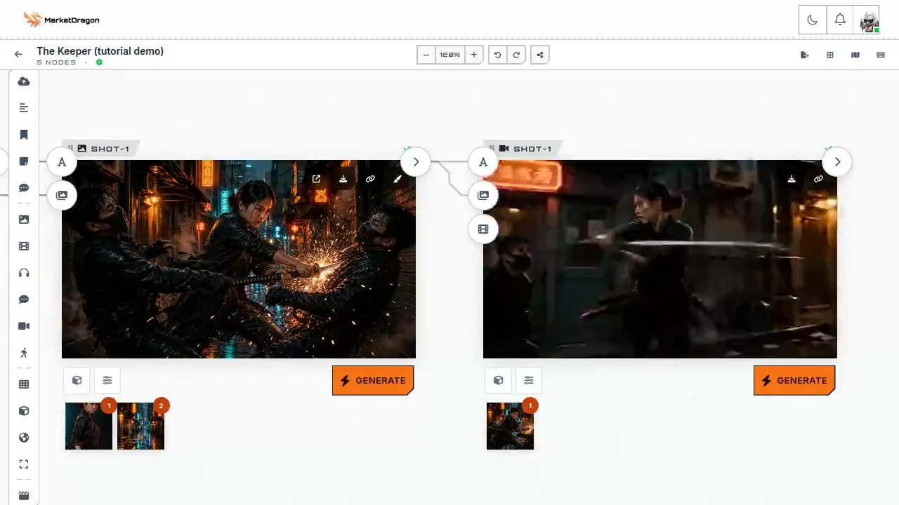 A MarketDragon Spaces board with an image shot and a video shot wired together